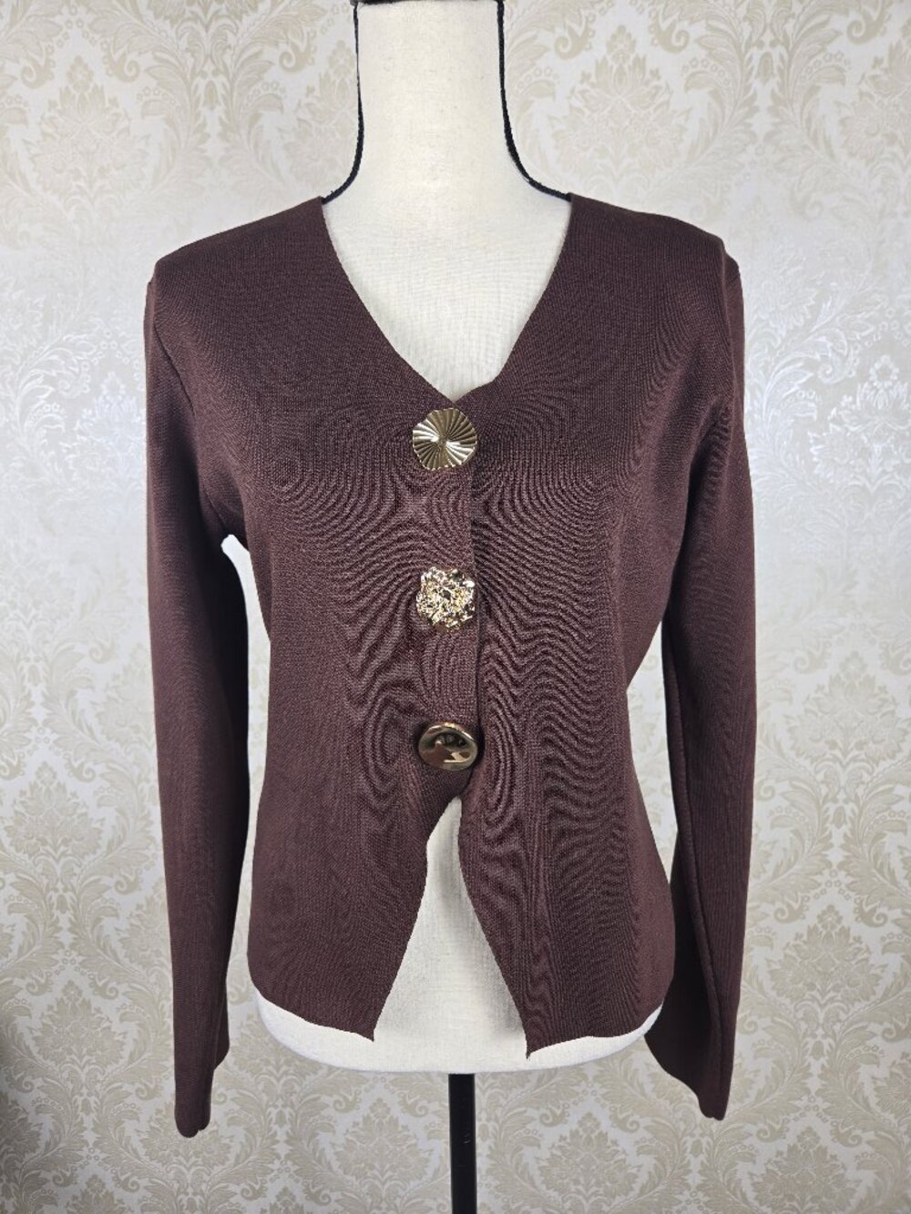 Fashion Clothing Size Medium Chocolate Brown Knit Sweater Gold Buttons Vneck